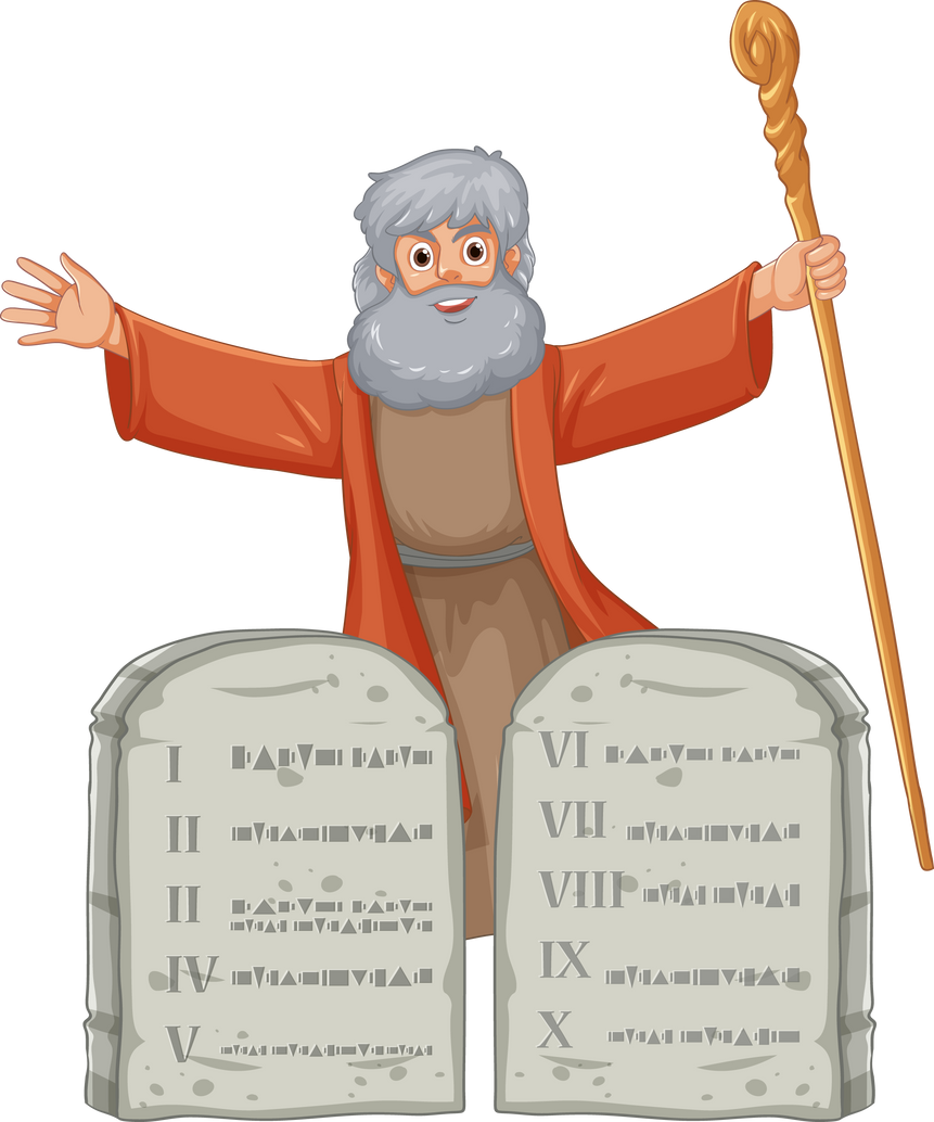 Moses Cartoon Character Holding Staff behind Ten Commandments